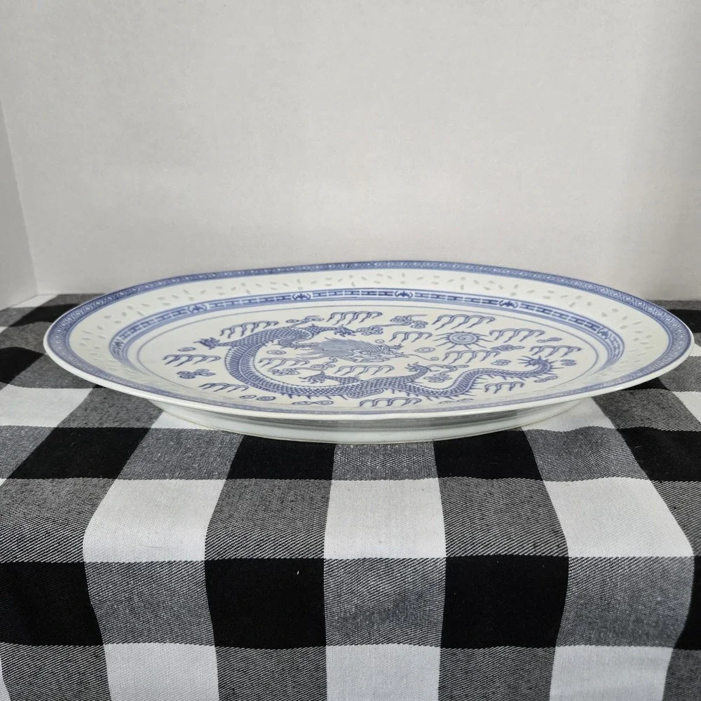 Vintage Jingdezhen Chinese Rice Eye Dragon Oval Large Serving Platter 16